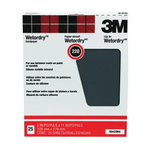 3M 99422 Sandpaper, 11 in L, 9 in W, 220 Grit, Very Fine, Silicone Carbide Abrasive