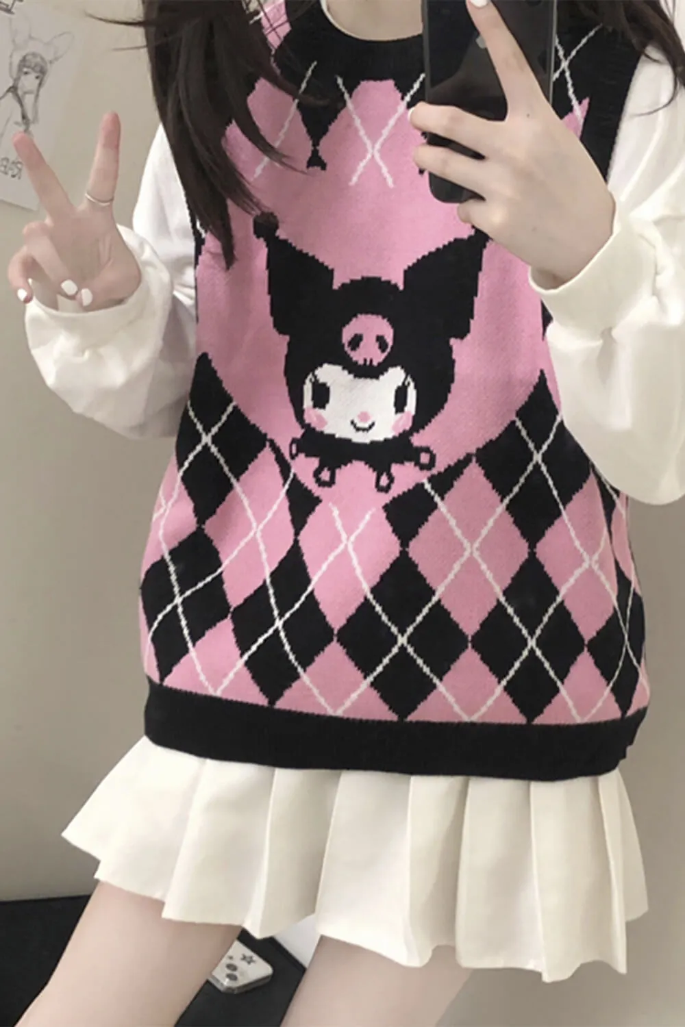 benpaolv Pink Kuromi Aesthetic Vest Diamond Checkered