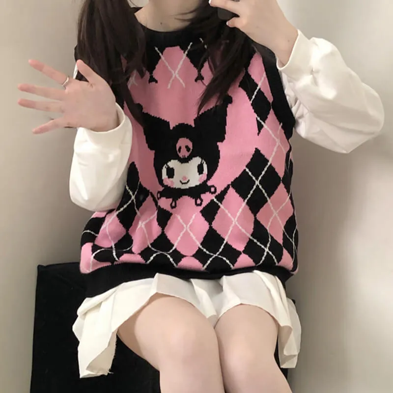 benpaolv Pink Kuromi Aesthetic Vest Diamond Checkered