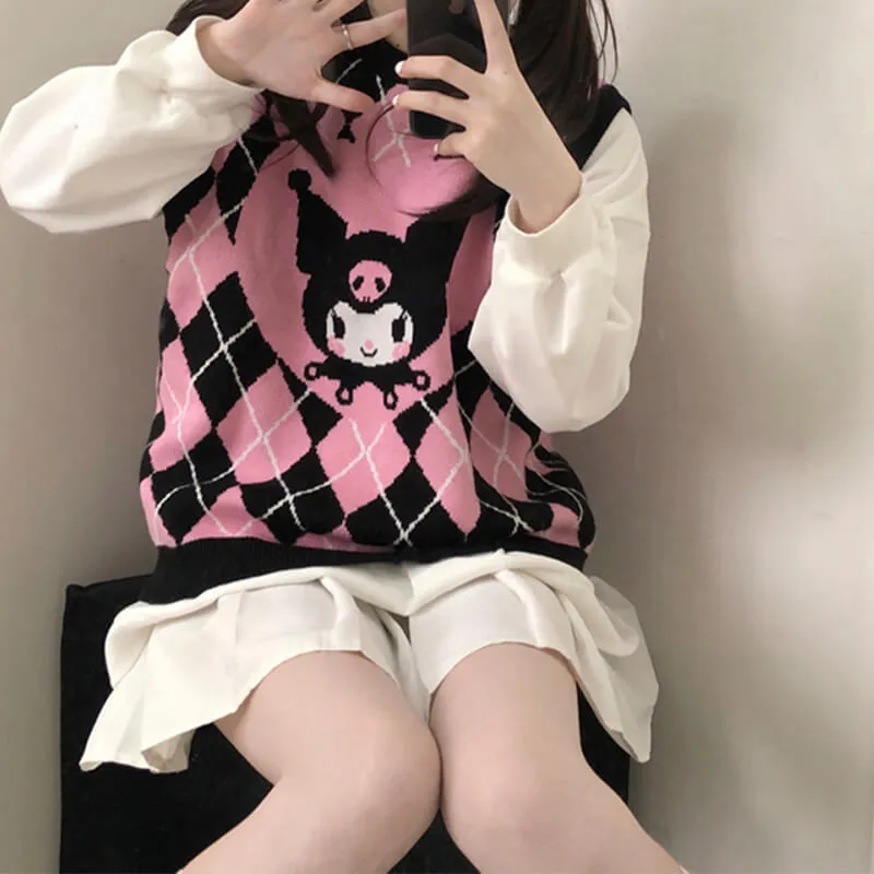 benpaolv Pink Kuromi Aesthetic Vest Diamond Checkered