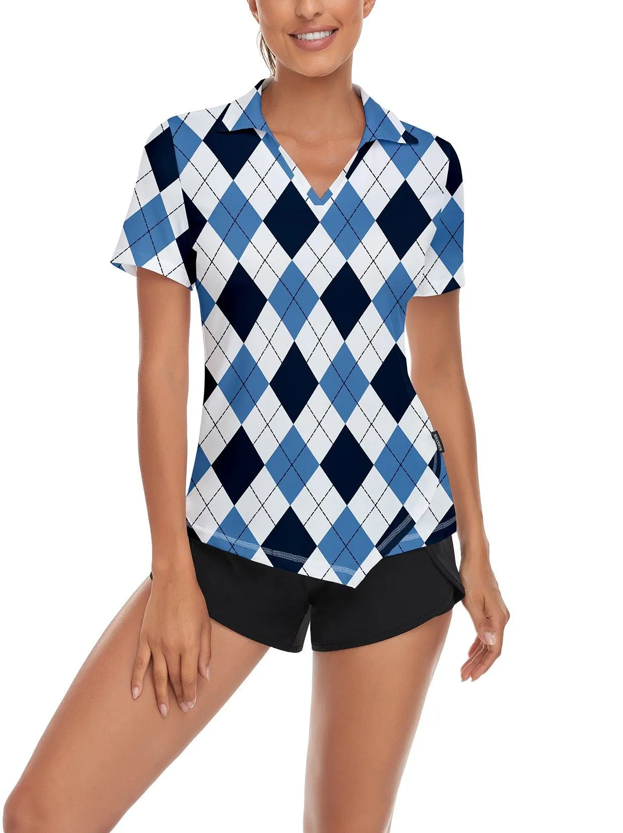 Blue and Dark Blue Checkered Print Short Sleeve Golf Shirt Short-sleeve Golf Polo for Ladies