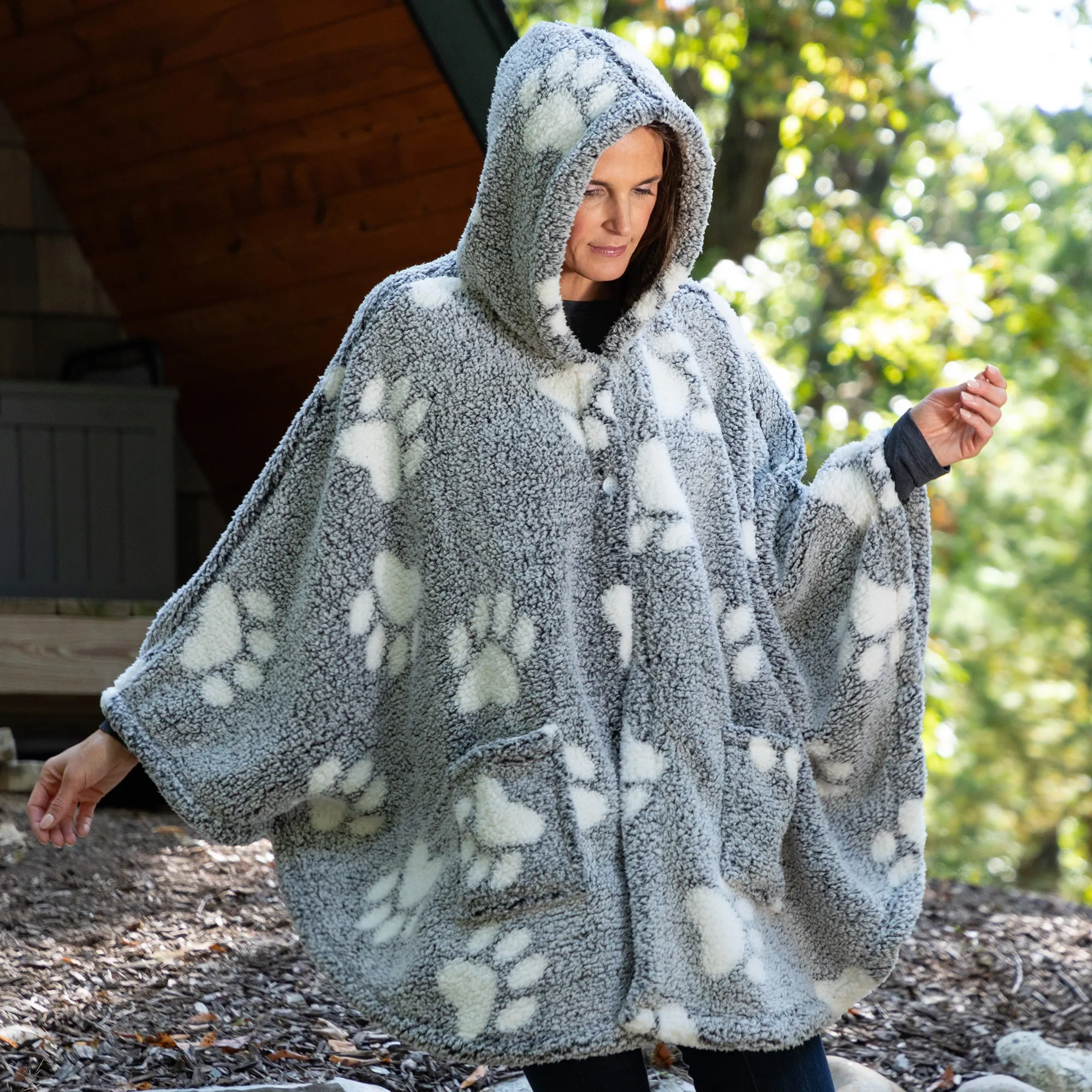 Cozy in Paws Plush Sherpa Fleece Hooded Cape with Pockets