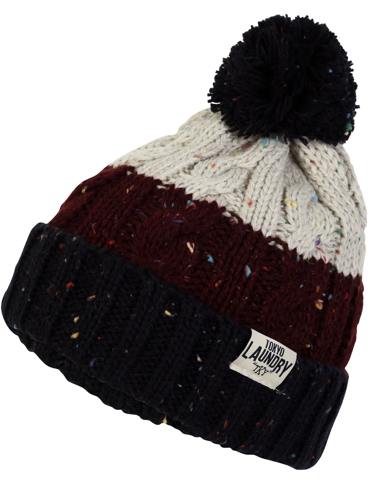 Enstone Cable Knit Bobble Hat in Navy / Oxblood Nep - Tokyo Laundry