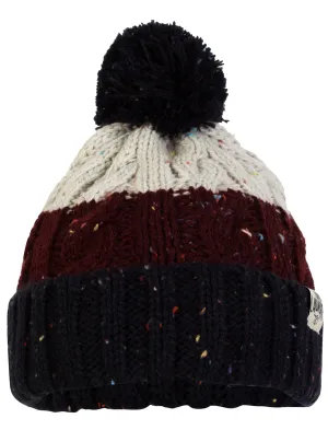 Enstone Cable Knit Bobble Hat in Navy / Oxblood Nep - Tokyo Laundry