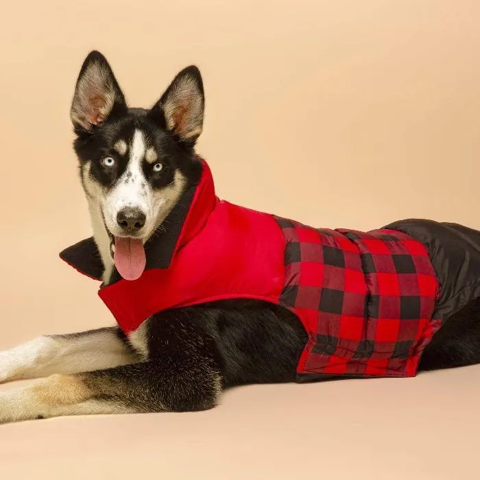 Fabdog | Red Buffalo Check Colour Block Dog Puffa Jacket