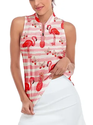 Ladies Sleeveless Golf Polo-  Pink Flamingo Athletic Polo Shirts Moisture Wicking Tennis Shirts