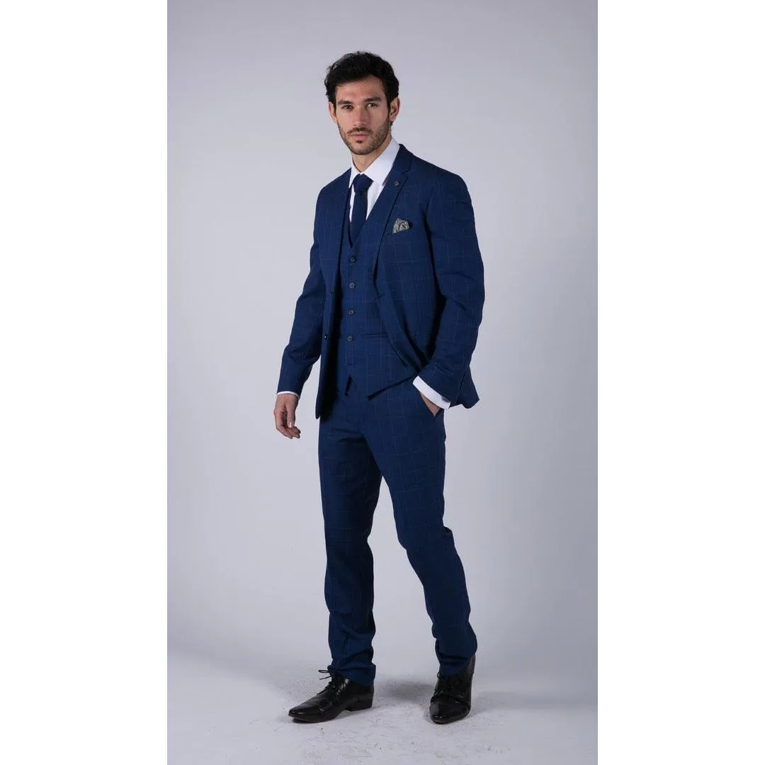 Mens 3 Piece Suit Royal Blue Prince Of Wales Check Suit Classic Wedding Formal