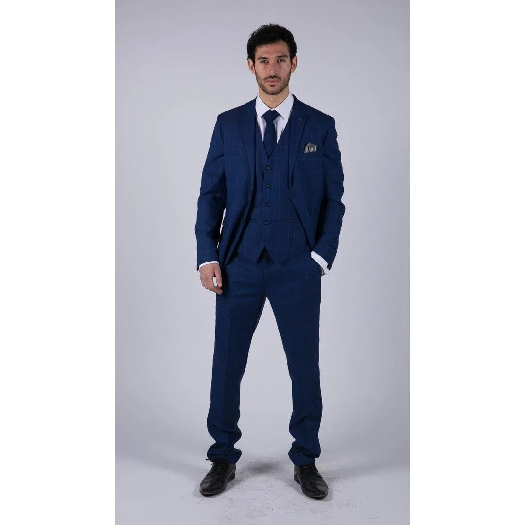 Mens 3 Piece Suit Royal Blue Prince Of Wales Check Suit Classic Wedding Formal