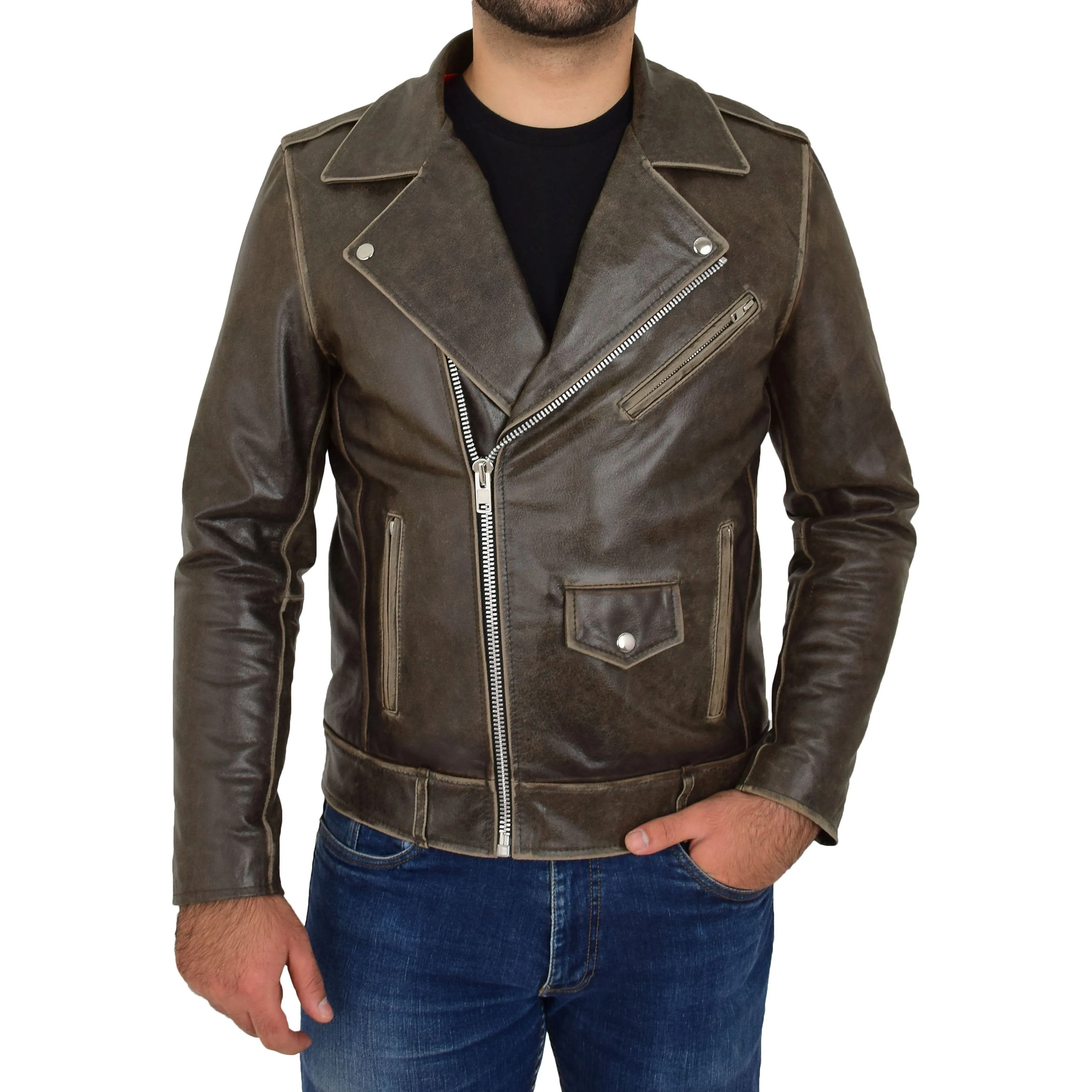 Mens Distressed Leather Biker Jacket Lex Brown