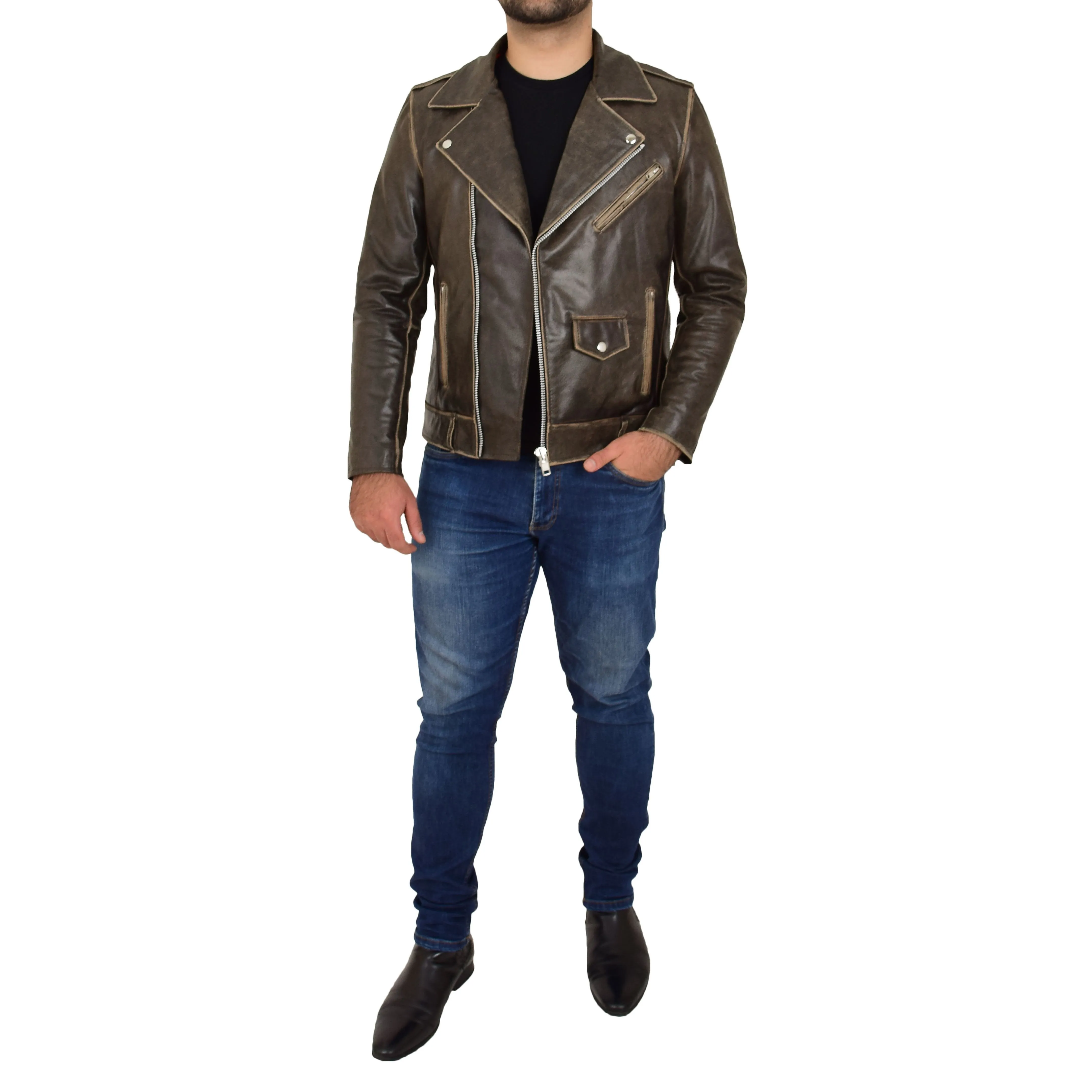 Mens Distressed Leather Biker Jacket Lex Brown