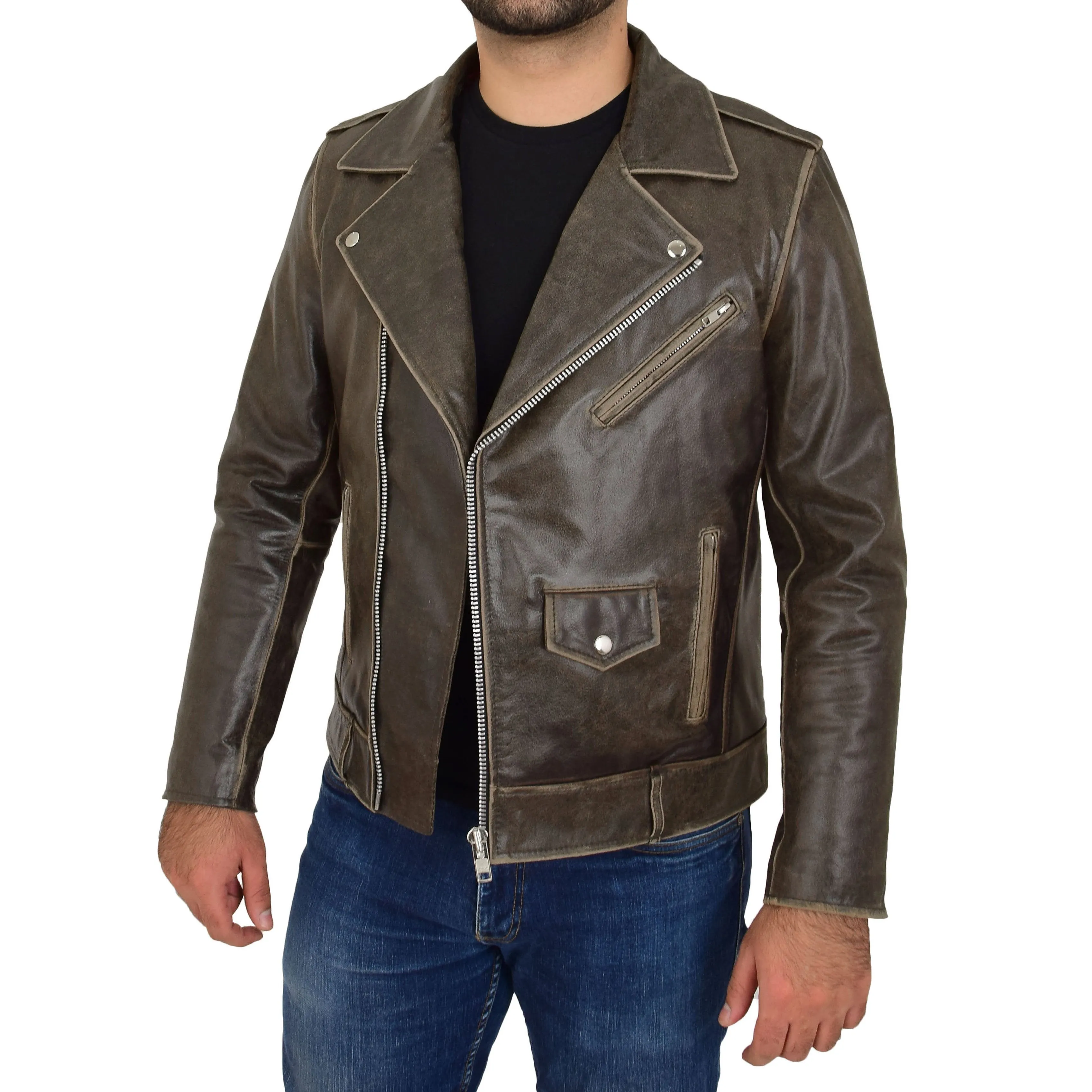 Mens Distressed Leather Biker Jacket Lex Brown