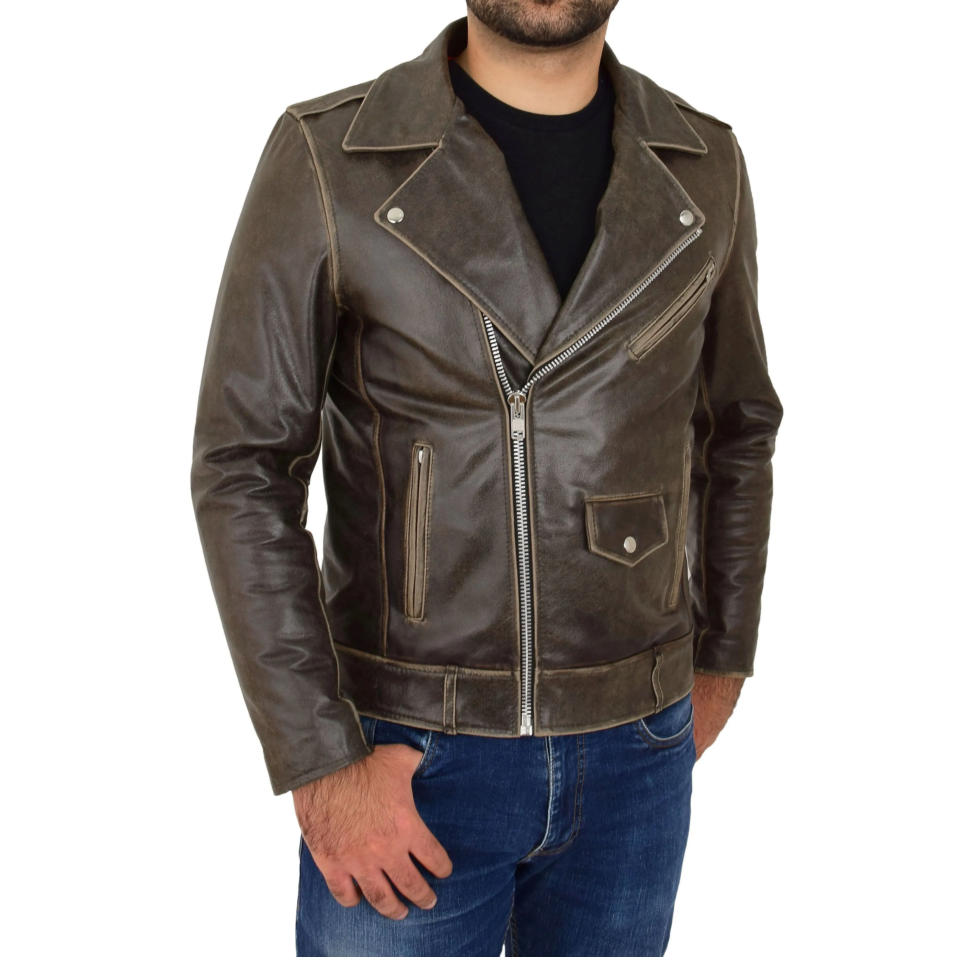 Mens Distressed Leather Biker Jacket Lex Brown