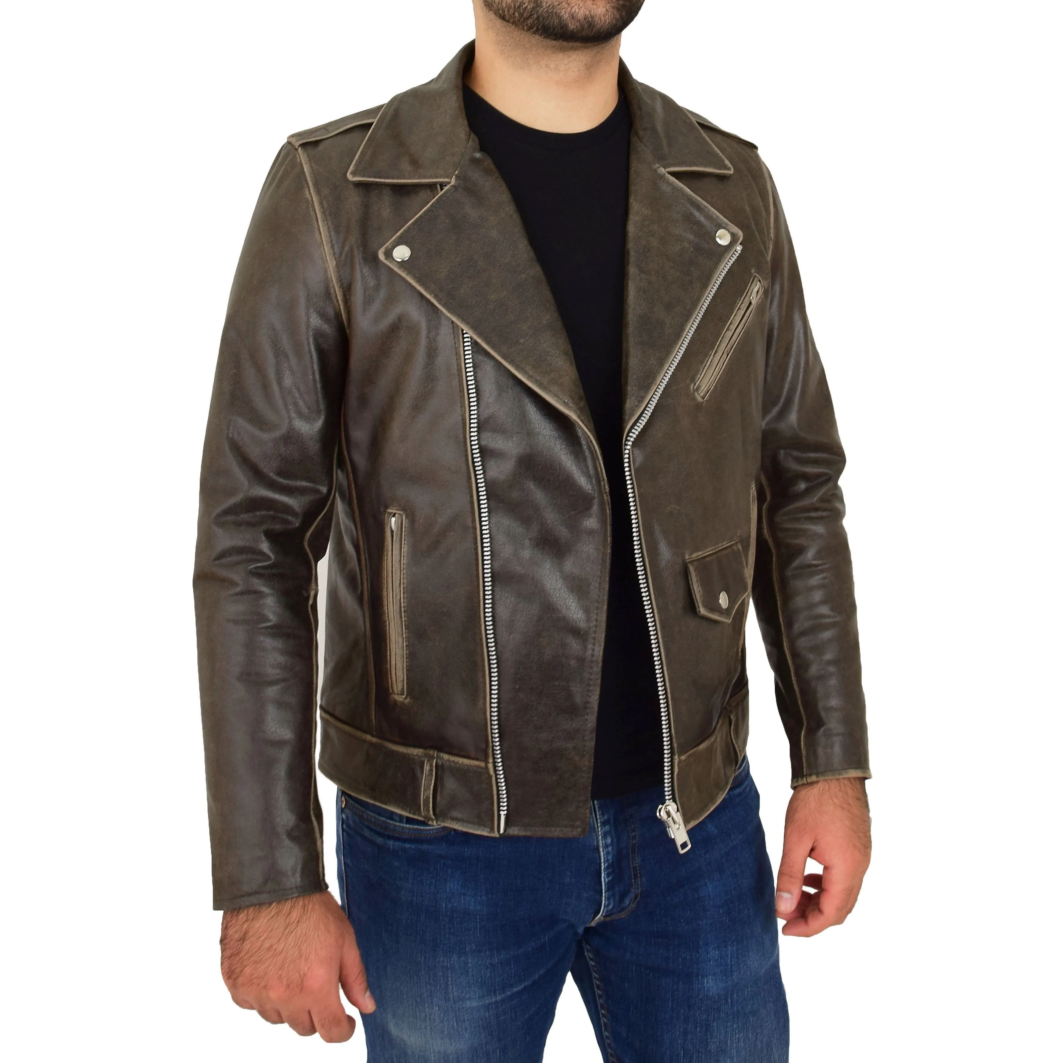 Mens Distressed Leather Biker Jacket Lex Brown