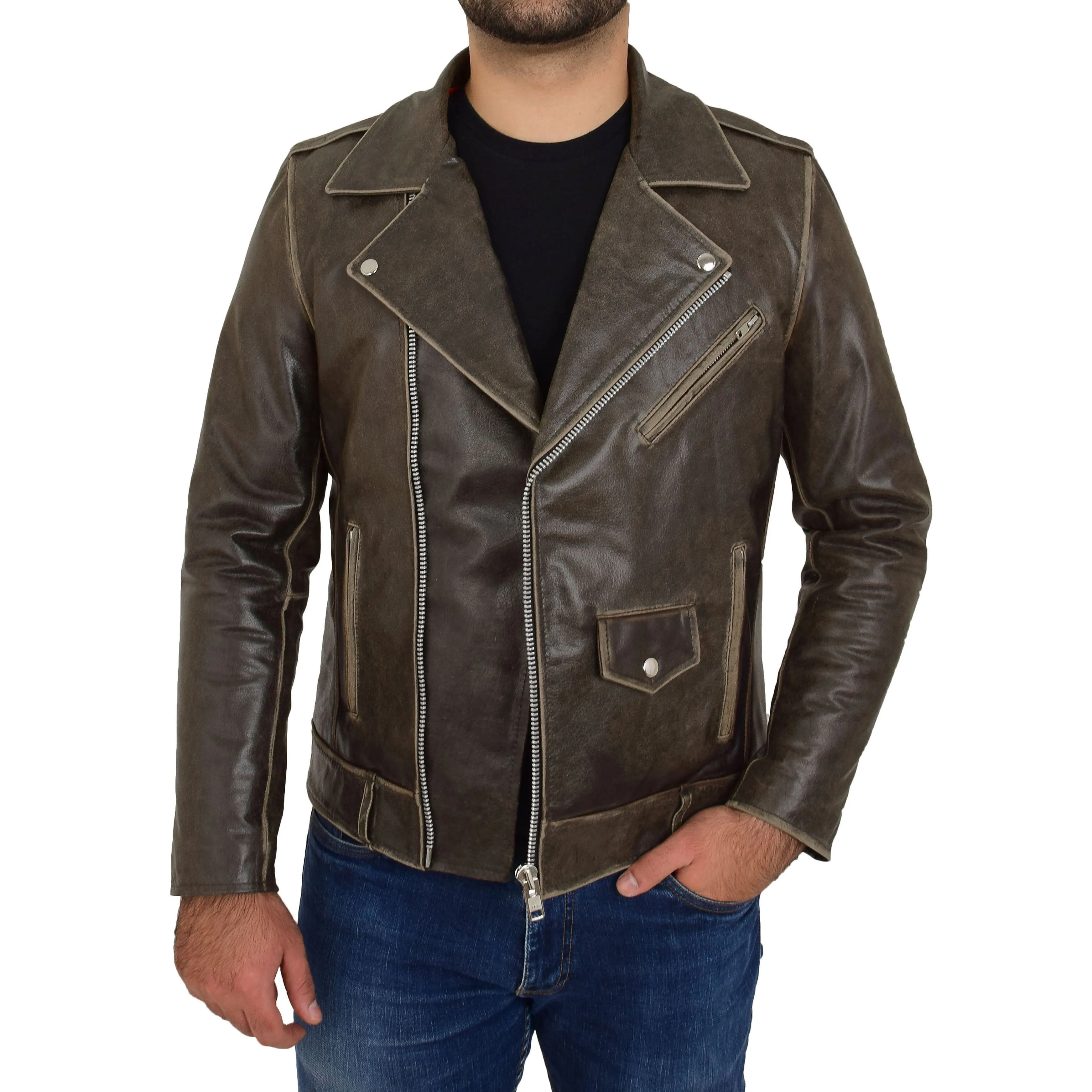 Mens Distressed Leather Biker Jacket Lex Brown