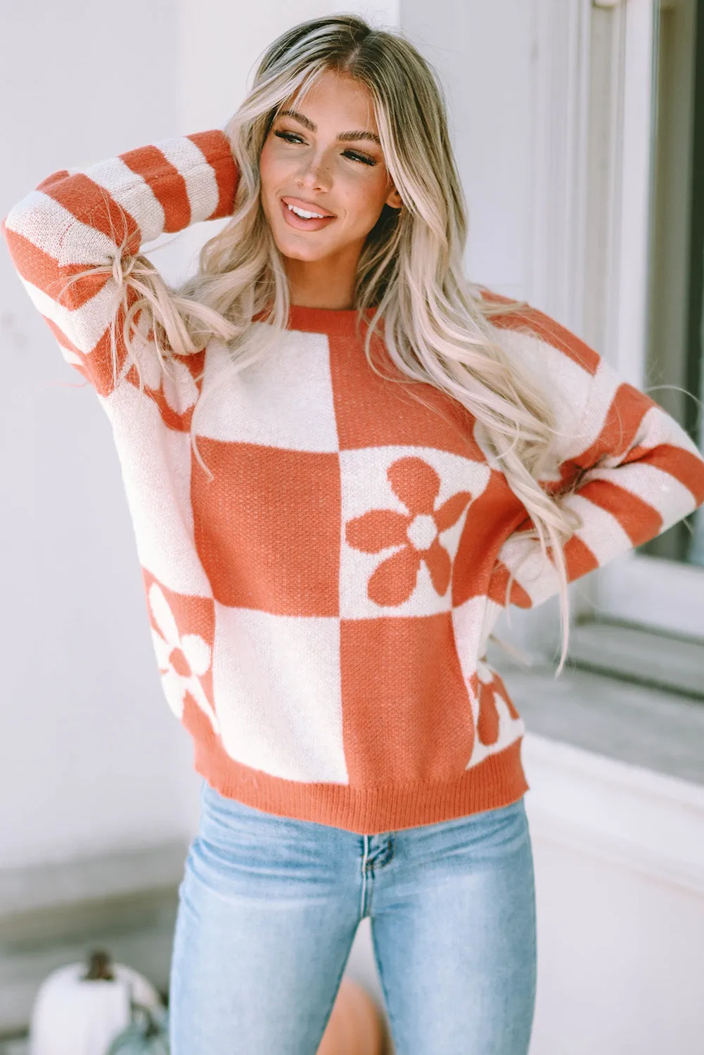 Miller Checkered Floral Striped Sleeve Sweater