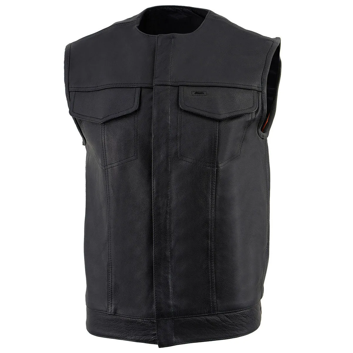 Milwaukee Leather LKM3721 Men's Black Leather Collarless Club Style Motorcycle Rider Vest w/Concealed Snap Closure