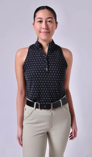 Sleeveless Polka Dot Scallop Collar Sun Shirt- Black with Tan Dot