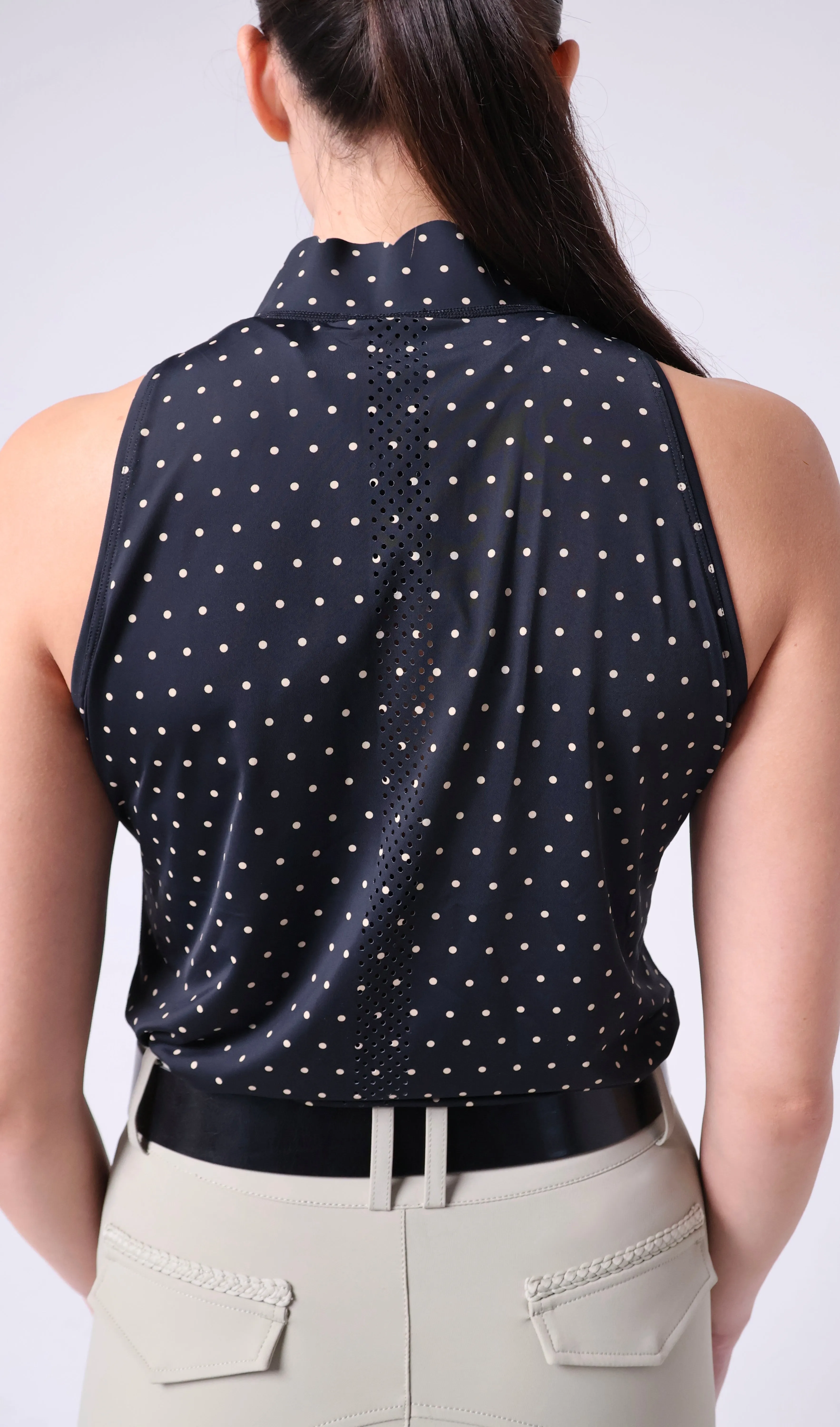 Sleeveless Polka Dot Scallop Collar Sun Shirt- Black with Tan Dot