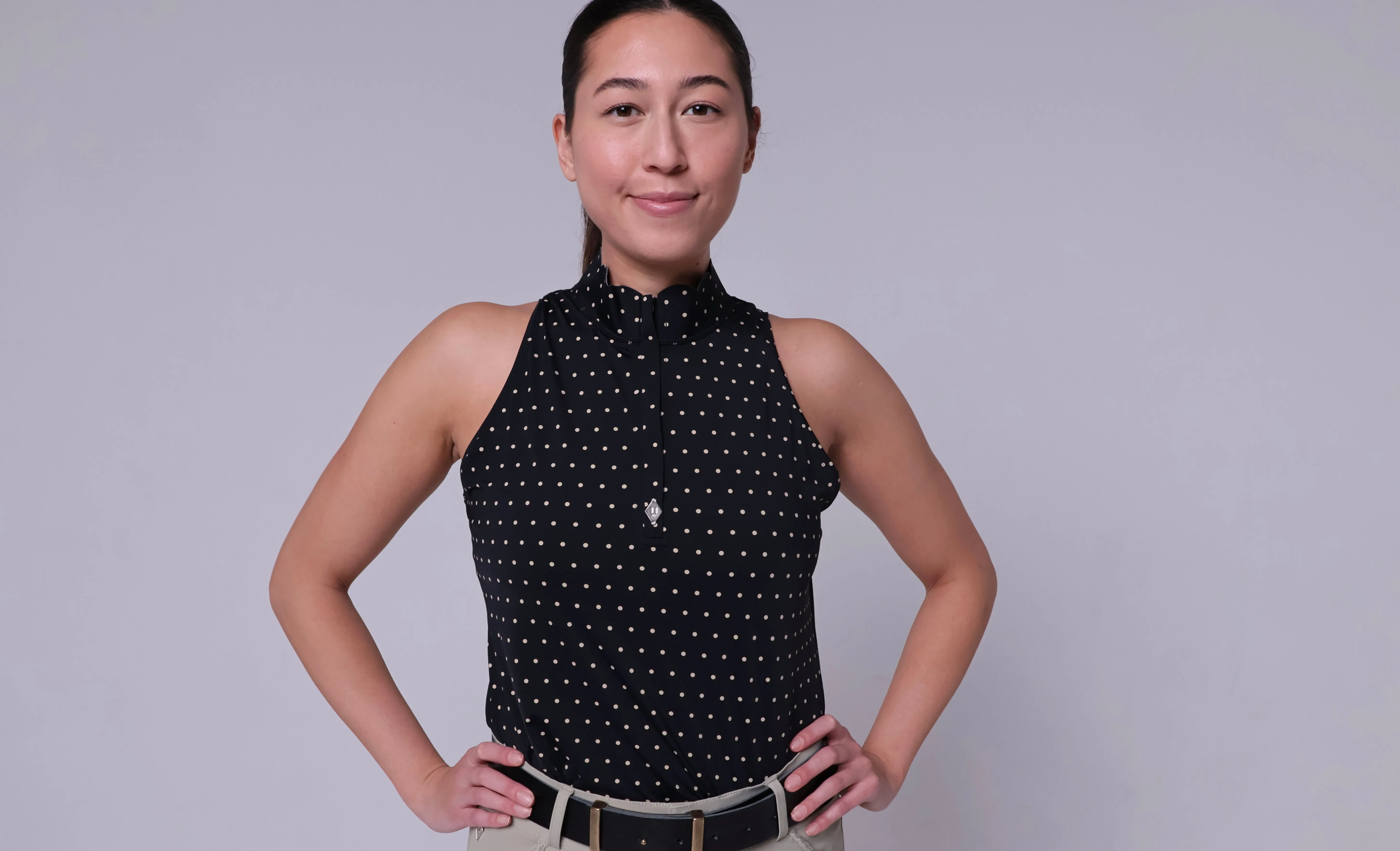 Sleeveless Polka Dot Scallop Collar Sun Shirt- Black with Tan Dot