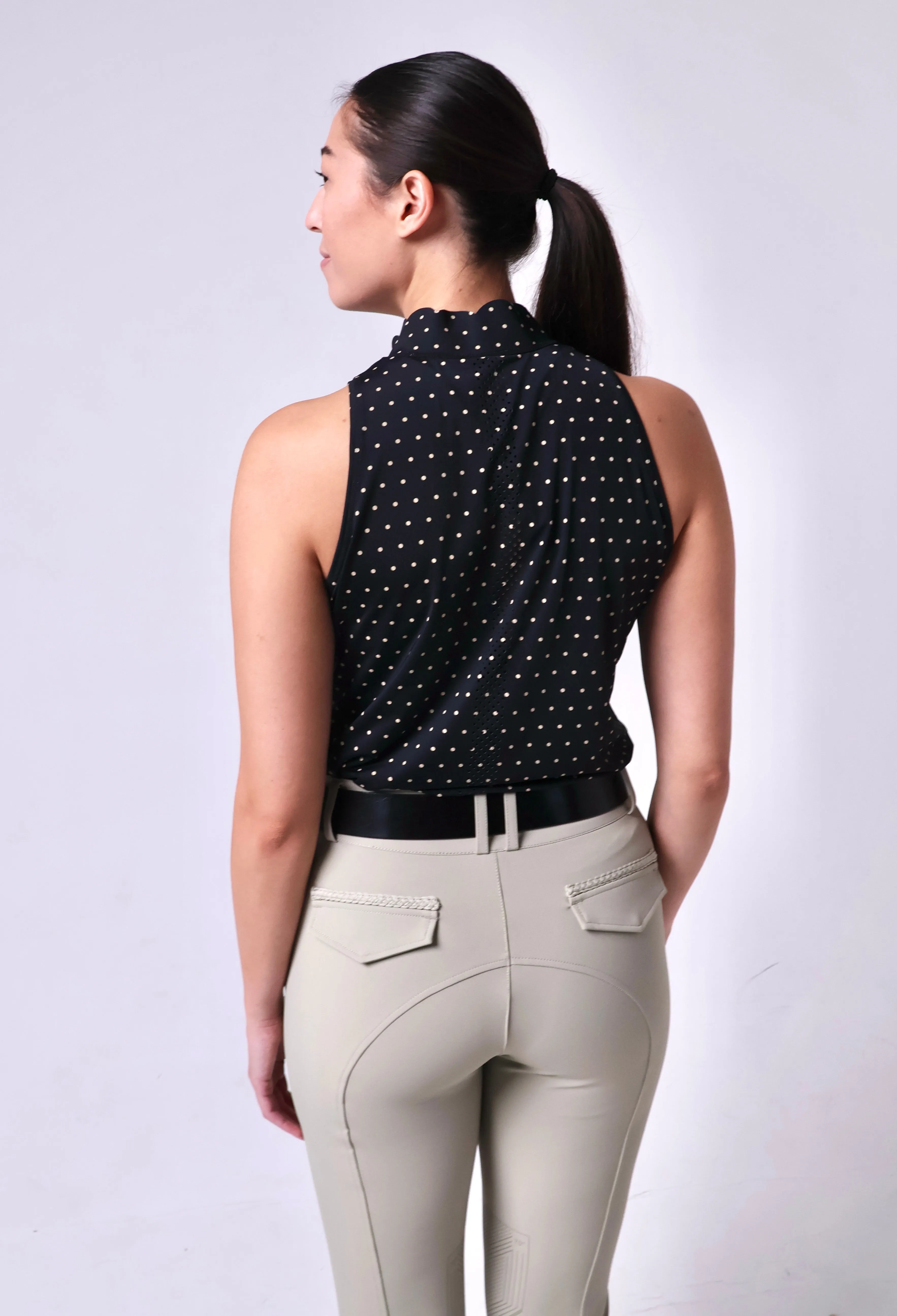 Sleeveless Polka Dot Scallop Collar Sun Shirt- Black with Tan Dot