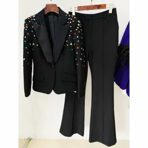 Women Luxury Wedding Suit Nail beaded Blazer   Flare Trousers Suit Pants Suit