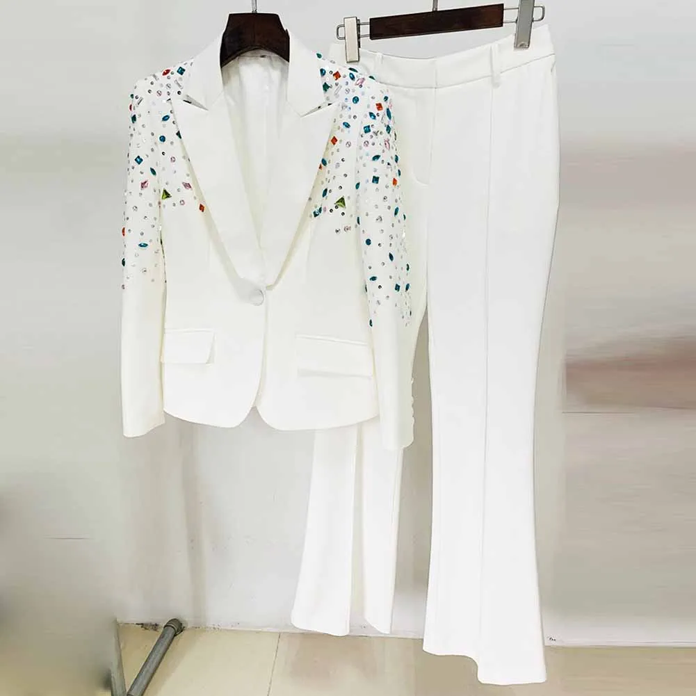 Women Luxury Wedding Suit Nail beaded Blazer   Flare Trousers Suit Pants Suit