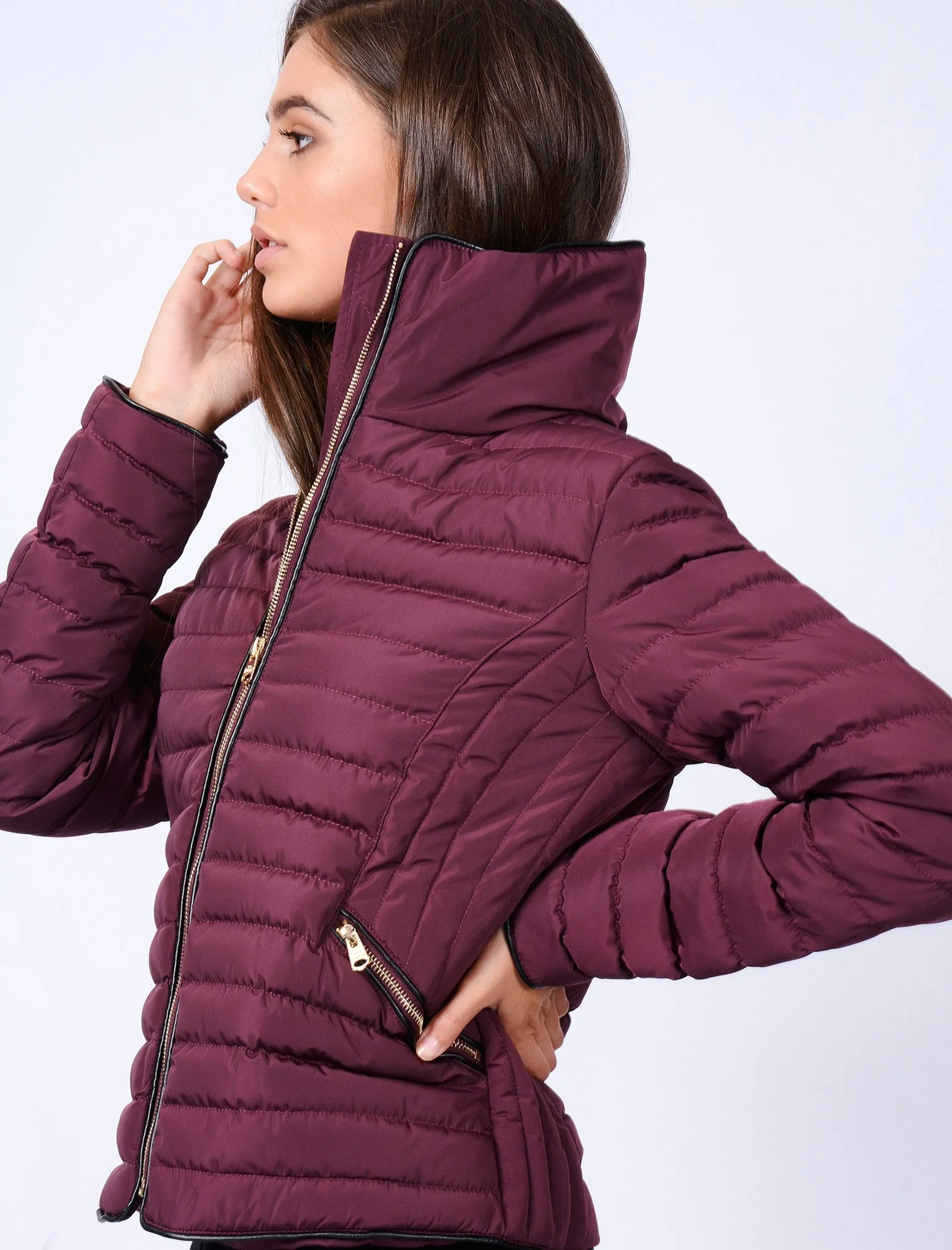 Zelda Funnel Neck Quilted Jacket in Burgundy - Tokyo Laundry