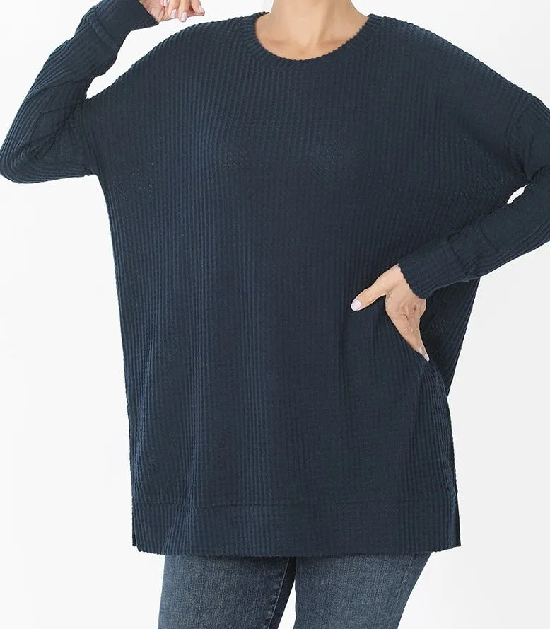 Zenana Brushed Thermal Waffle Round Neck Sweater