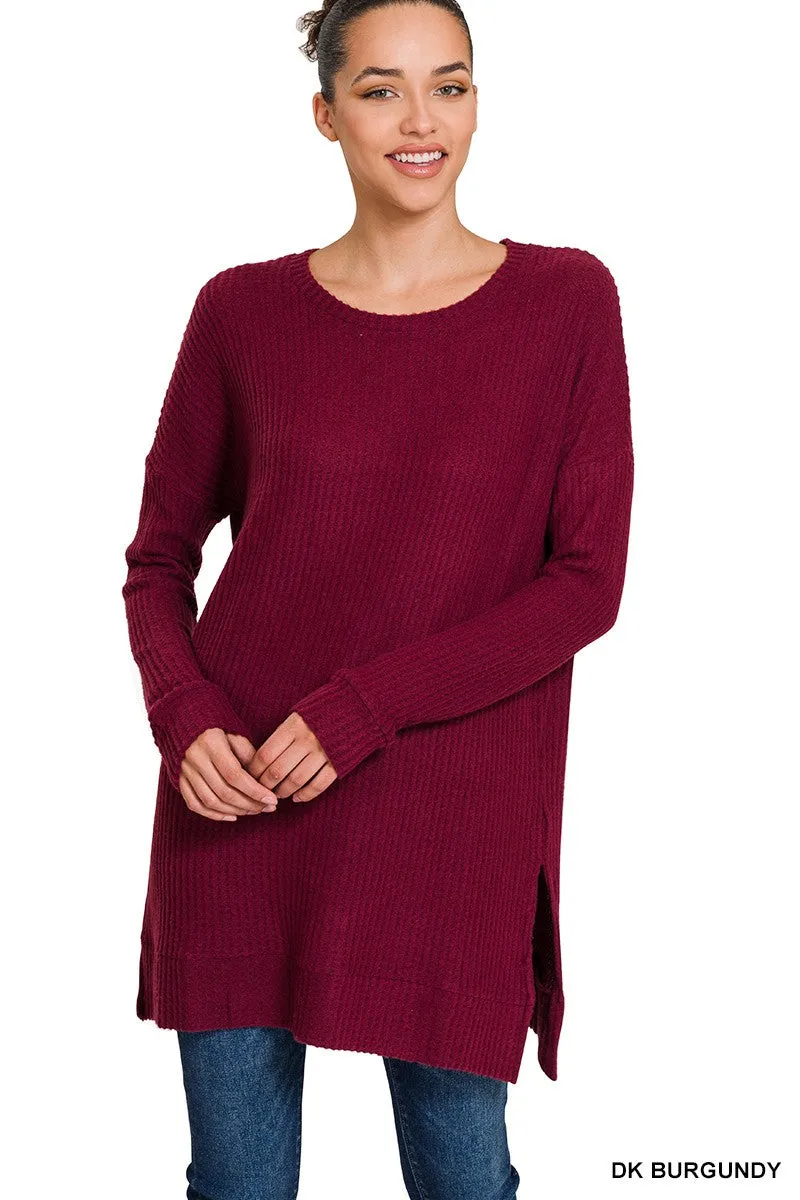 Zenana Brushed Thermal Waffle Round Neck Sweater